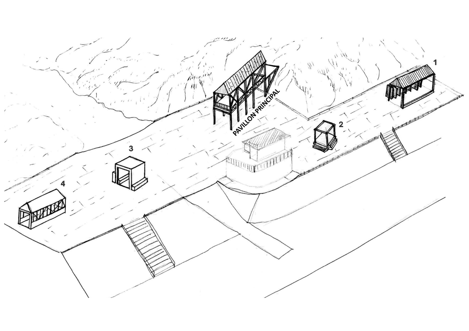 Croquis axonométrique — Définition des emplacements des pavillons