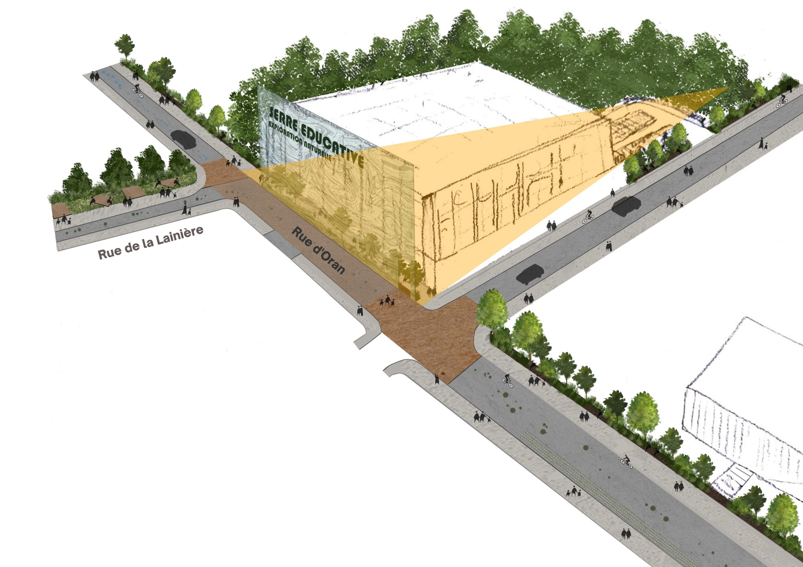 Une promenade paysagère immersive est proposée le long de l'ancienne voie ferrée, transformée en « ligne verte ». Cette trame végétale réhabilitée crée une transition douce entre les anciennes zones industrielles et les nouveaux espaces publics. Le parcours aboutit à un pôle vivant mêlant activités, loisirs, marchés, espaces culturels et lieux de rencontre.