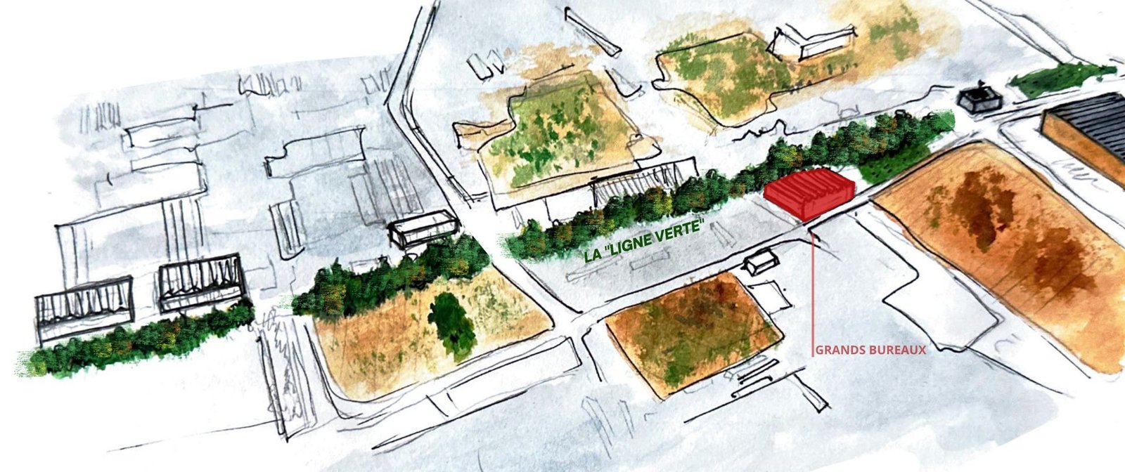 Axonométrie montrant l'ancienne voie ferrée marquée par une « ligne verte »